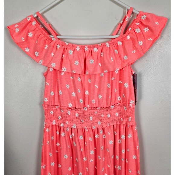 Girls Coral Ruffle Floral Dress Smocked Waist & Shoulder Straps Size Large 10-12 - Picture 2 of 10